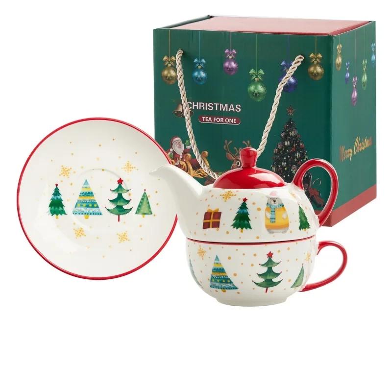 Christmas Ceramic Gold-plated Teapot Cup and Saucer Set Nordic Style Gold Plating Mug Handle Gift Box Teaware Sets Xmas Gifts