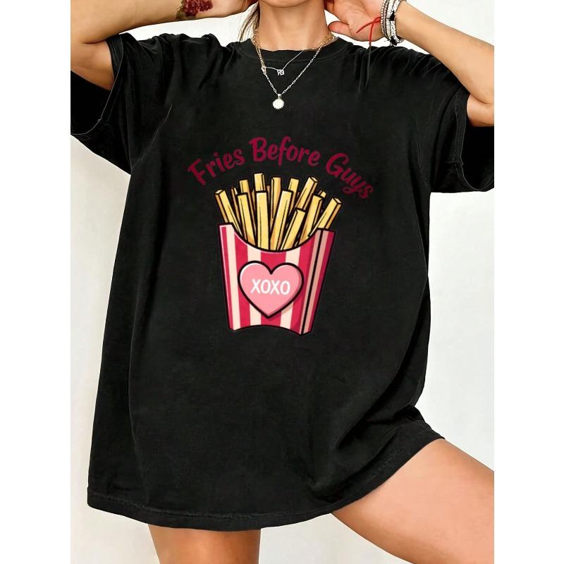 Oversized T Shirt Black Fries Before Guys Graphic With Heart XOXO Print Casual Wear For Women Summer Outfit Street Style Fashion Top