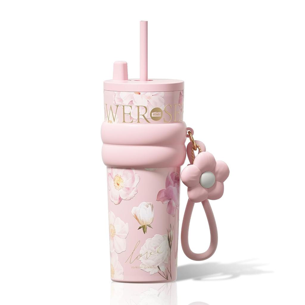 710ml water bottle vacuum insulated tumbler stainless steel reusable straw leak-proof thermal insulation travel coffee cup Floral Pink