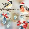 Winter Holiday Glass Decals Christmas Watercolor Bird Window Sticker, Santa Hat on Beey Waterproof PVC Film Branch Static Decal, Cling for Party
