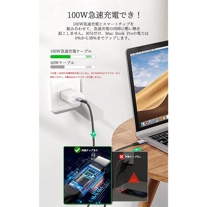 USB Type C Cable 25cm USB-C To 100W PD Compatible Super Fast Charging Prevention of Disconnection Type C Charging Cable Ultra Durable Tangle Free