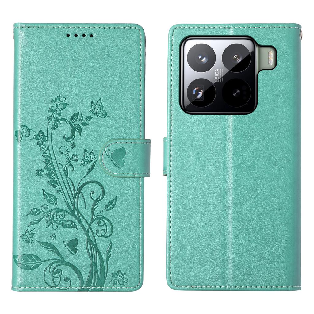 For Xiaomi 15 Pro Wallet Case Butterfly Floral Imprint PU Leather Phone Cover with Wrist Strap