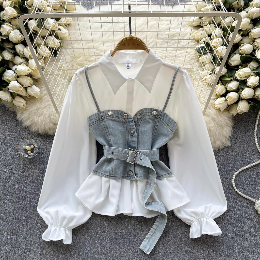 Korean Series Wear Age-Reducing Set Retro Denim Cami Stacked All-Matching Puff Sleeve Shirts Two-piece Set Top