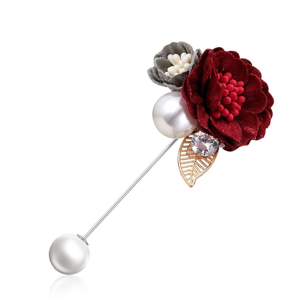 Rinhoo Ladies Cloth Art Fabric Imitation Pearl Flower Brooch Women Long Needle Cardigan Shirt Shawl Suit Badge Lapel Pin Jewelry