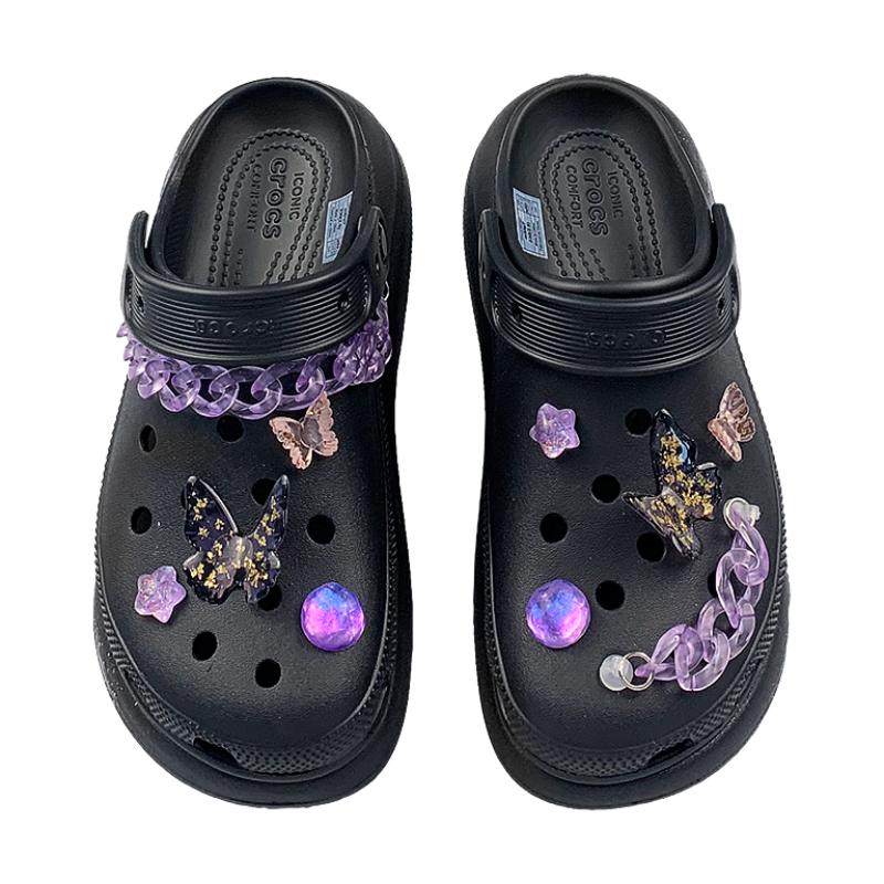 Crocs Crush Clog Ночная бабочка Мечта МАЙ Сделано полностью Цветочные туфли с отверстиями Унисекс Одинаковые черные и фиолетовые