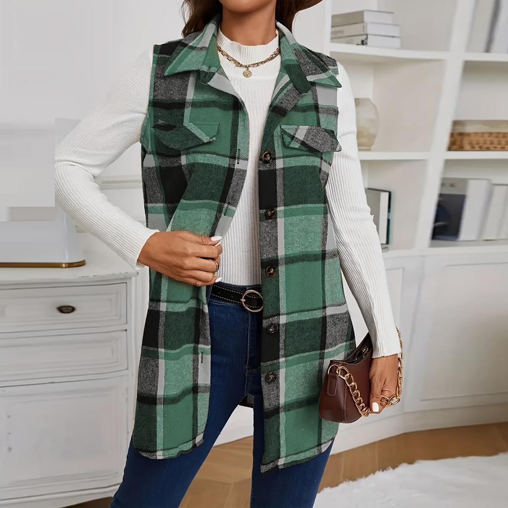 Women's Fashion Casual Sleeveless Long Plaid Button With Pocket Vest Jacket
