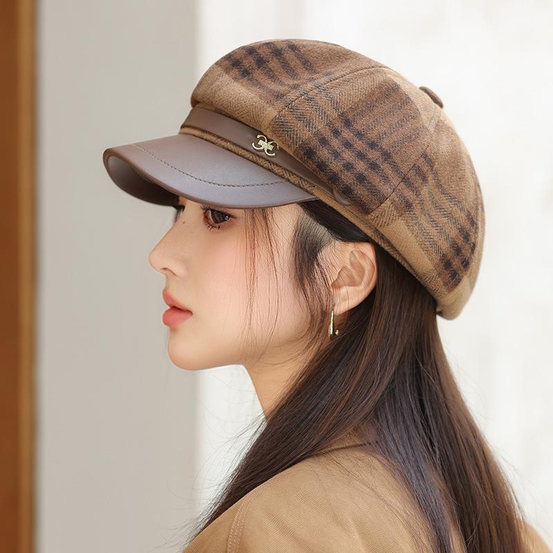 Autumn Hat Women's Leather Plaid Beret Versatile Face Cap Warm Octagonal Hat