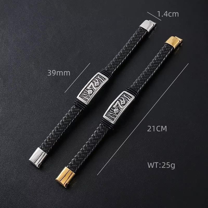Punk 7 Grass Classic Leather Braided 18K Gold Plated Stainless Steel Fashion Jewelry Bracelets for Men Clasp