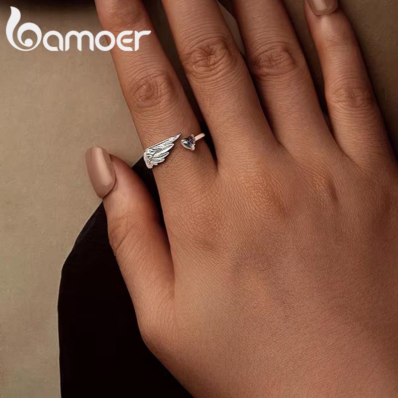 BAMOER Genuine 925 Sterling Silver Wing Heart Open Ring for Women Protection Finger Ring Fine Jewelry Birthday Gift SCR1070-E