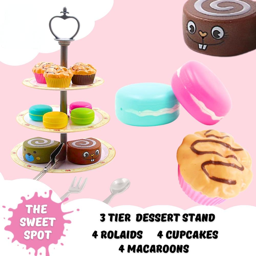 Kids Play Food Set, 3-Tier Dessert Stand Cupcakes Macarons, 44PCS Assorted Colors, Afternoon Tea Role Play Toy