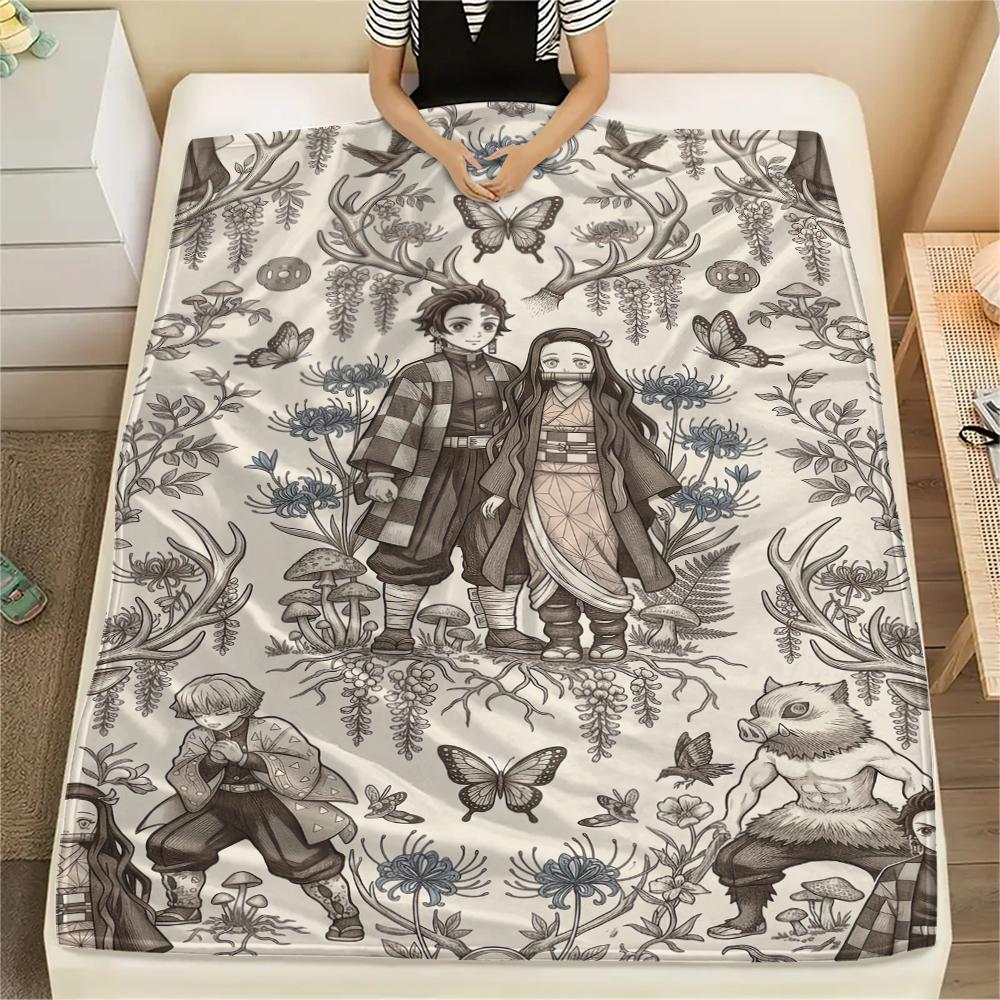 Warm Print Flannel Blanket Demon Slayer Theme Comfortable Throw for Bed Couch Sofa Chair Travel Picnic All-season-Xin