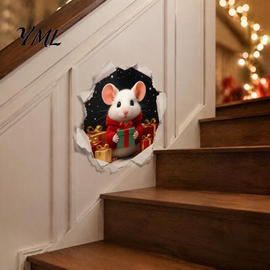 Creative Christmas Gifts for Friends 3D Hole Illusion Mouse Wall Sticker, Peel And Stick Waterproof PVC Indoor Outdoor Festive Ornaments Decal Window