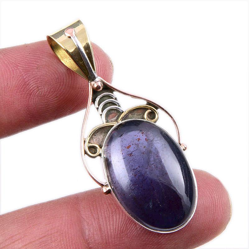 Natural Iolite Gemstone 925 Solid Sterling Silver Two Tone Pendant 1.75" Y5B59