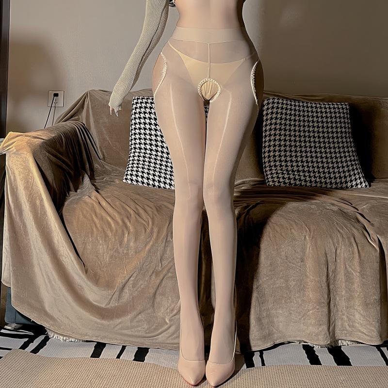 Silky Black Open Crotch Pantyhose with Horse Oil