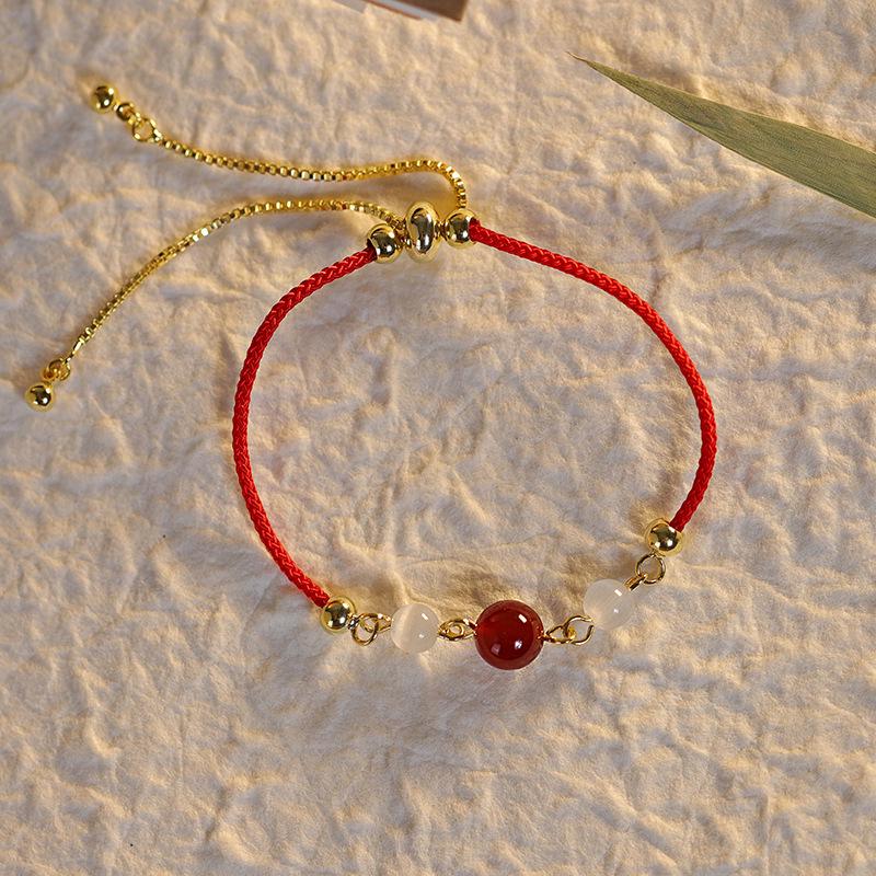 Women's Red Beaded Bracelet with Acacia Seeds, INS Niche Design, Adjustable Pull-Closure, Woven Black String for Couples and Best Friends.