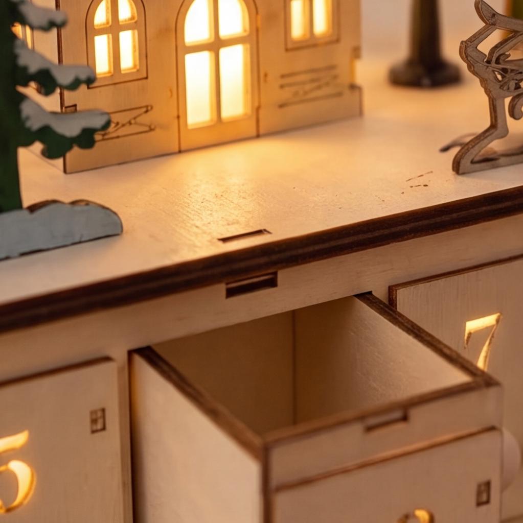 Light Up Wooden Christmas Village Advent Calendar with 24 Fillable Drawers LED Tabletop Countdown Calendar Reusable Holiday Decor for Family Christma