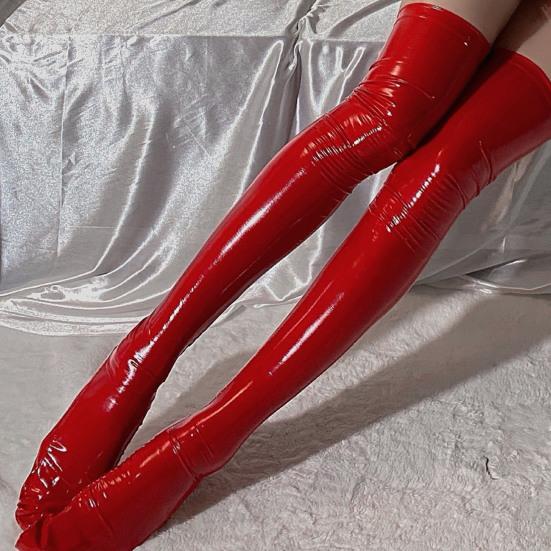 1 Pair Women Stockings Glossy Faux Leather Soft Elastic Anti-slip Breathable Over Knee Length Slim Fit Club Party Cosplay Stage Show Long Stockings