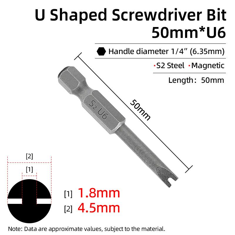 Набор бит для электрической отвертки с магнитным наконечником U-образной формы, шестигранник 1/4 дюйма, стальное сверло-наконечник U-образной формы S2, 50 мм U4 U5 U6 U7 U8