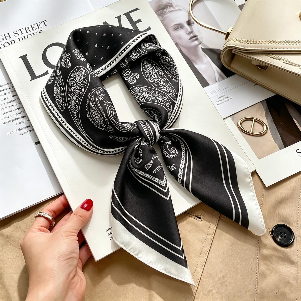 Autumn and winter Maillard cashew square scarf silk scarf women's shirt versatile neck small scarf tied hair decorative scarf