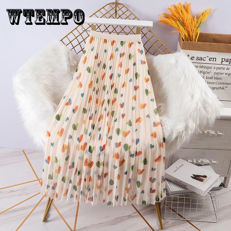 Женская тюлевая юбка с милым принтом Love, элегантная летняя женская эластичная сетчатая плиссированная юбка с высокой талией, модная юбка-миди