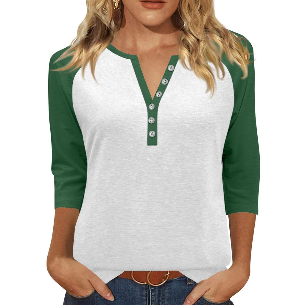 Жен. Футболка С принтом Пуговицы Рукав 3/4 Повседневные Выходные Мода Классический Классический V-образный вырез Обычный Верх