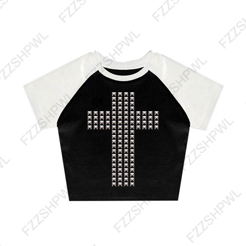 VAYLA Готическая Панк Рок Хип Хоп Женская Футболка с Коротким Рукавом Сексуальная Приталенная Шикарная Повседневная Базовая Металлический Декор Кроп-топы Y2K Эмо Одежда для Девушек