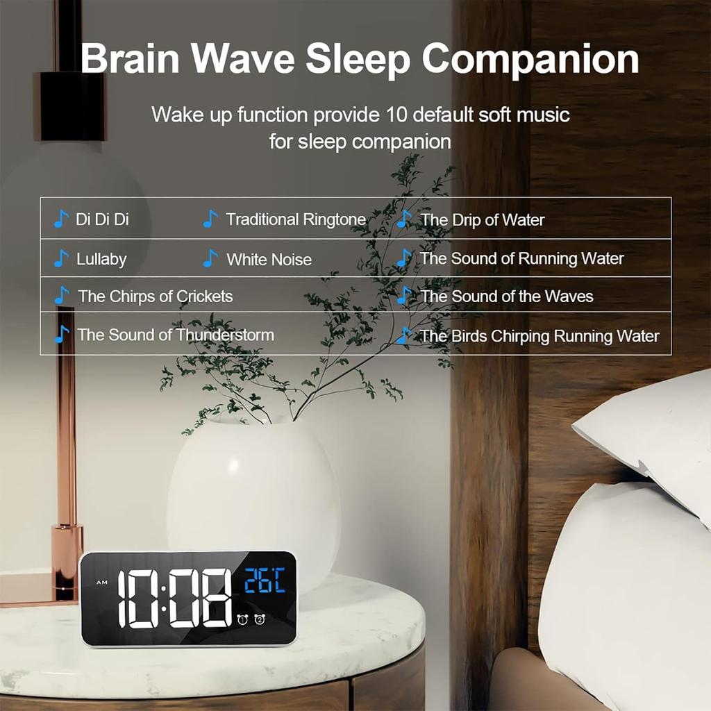 Mirror Digital Alarm Clock USB Charging Bedside Clock Snooze Dual Alarm Table Clock with Temperature Display