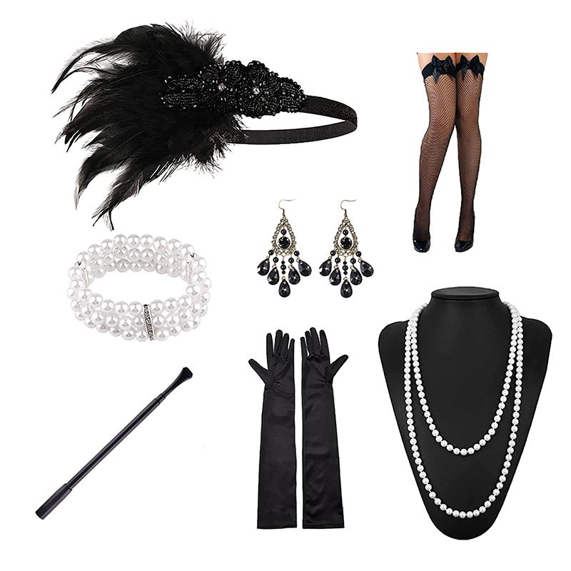 1 Set 1920'S Flapper Cosplay Costume Feather Headband Pearl Necklace Bracelet Stockings Long Glove Gatsby Masquerade Accessories