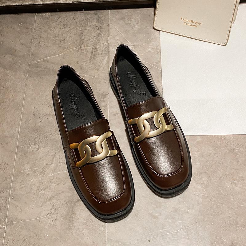 Luxury Metal Chain Oxfords Shoes Women Square Toe Loafers Black/Brown Leather Flats Mujer Mocasines Office Daily Sneakers