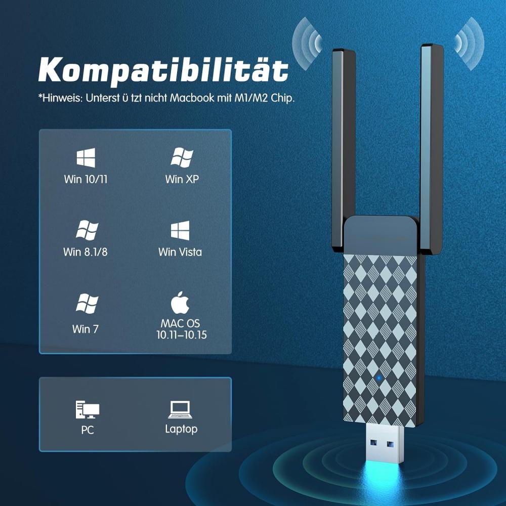 WLAN Stick для ПК, адаптер WLAN AC1300 USB 3.0 для ПК (867 Мбит/с 5 ГГц, 400 Мбит/с 2,4 ГГц) Двойная антенна WLAN 5 дБи для ноутбука/настольного компьютера/ПК