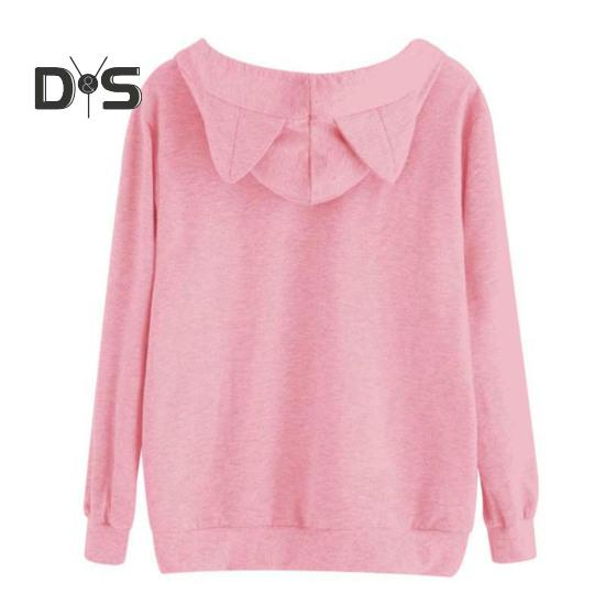 Women Fall Winter Hoodie with Big Pocket Cat Ear Decor Kitty Printing Hooded Full Sleeves Loose Pullover Home School Sport Top