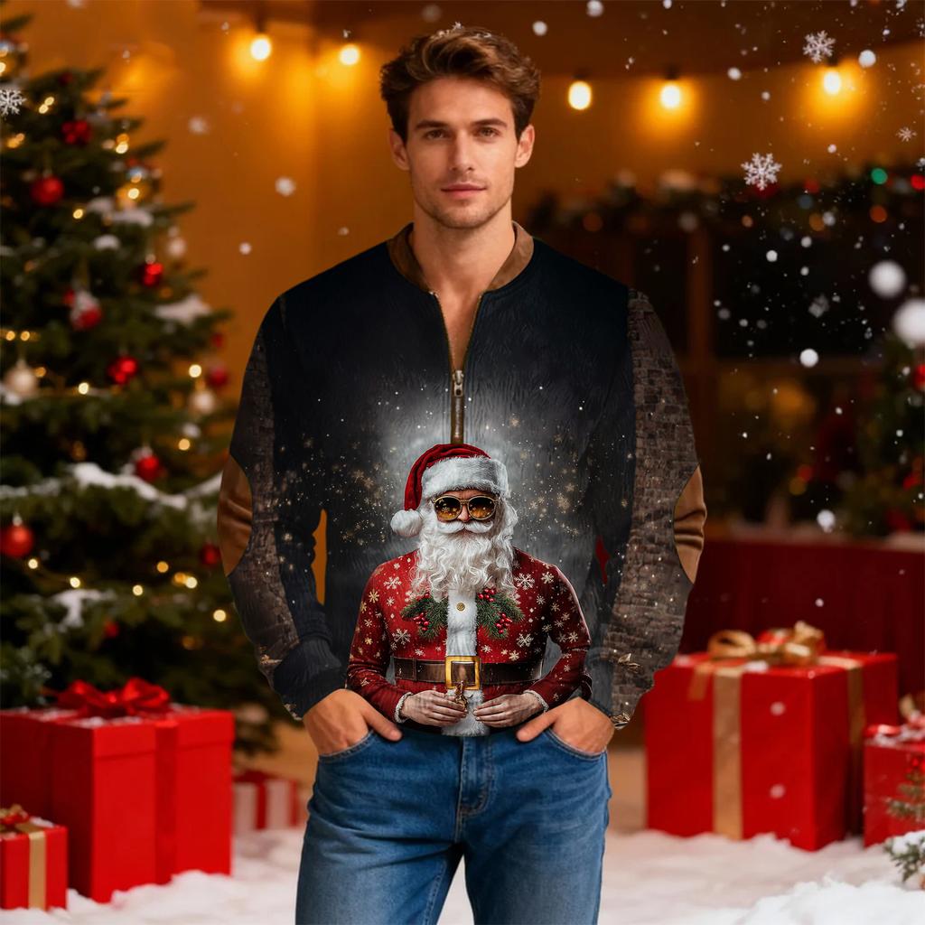 Мужской рождественский свитер на молнии, винтажный вязаный графический свитшот, рождественский пуловер со стойкой