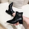 Модные женские сапоги осень/зима, квадратный носок, высокие каблуки, ботинки челси, женская обувь, ретро-ботинки с пряжкой на ремне