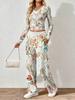 Floral pattern printed women's V-neck long-sleeved trousers set Comfortable casual versatile slim two-piece set