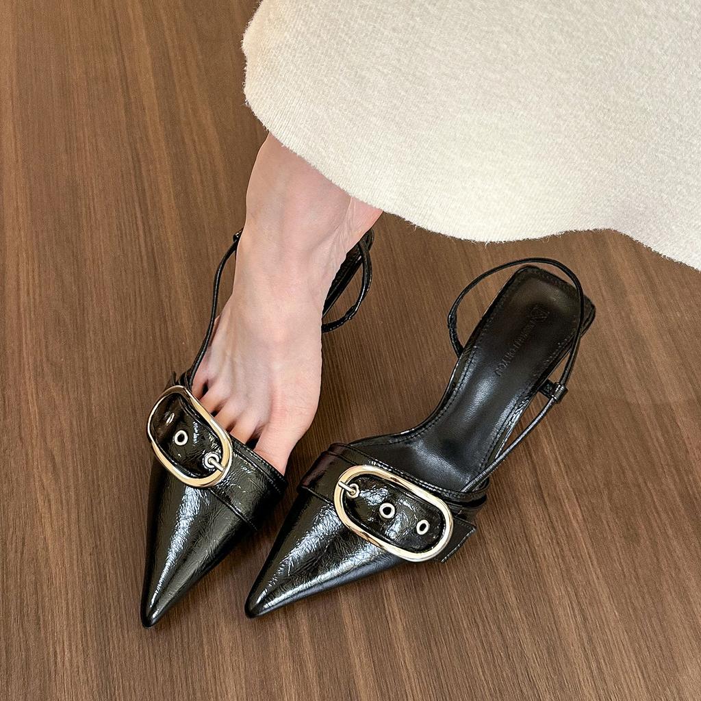 Stylish! Pointed Belt Buckle Shallow Mouth High Heels Women's 2024 Spring and Summer Thin Heel Cool Slippers