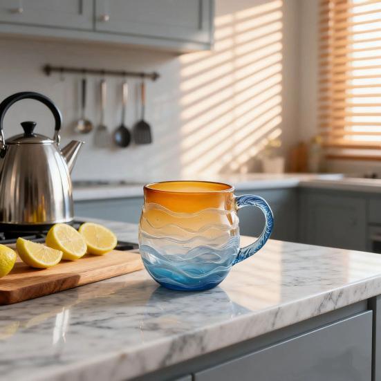 Yousheng Кружка «Закат над океаном» с волнистым узором, стакан для воды 350 мл, тематика океана, чашка для питья, художественная емкость для напитков для любителей пляжа