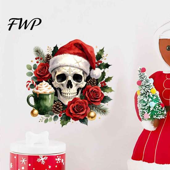 Holiday Window Clings for Glass Christmas Skull Wall Decal, Removable PVC Sticker with Santa Hat Rose Party Decor Design, Dark Bedroom Living