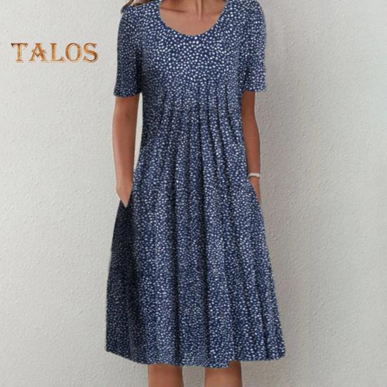 Women's Floral Print Tunic Shirt Dress Short Sleeve Crew Neck Pleated Midi Dress with Pockets Summer Boho Swing Sundress