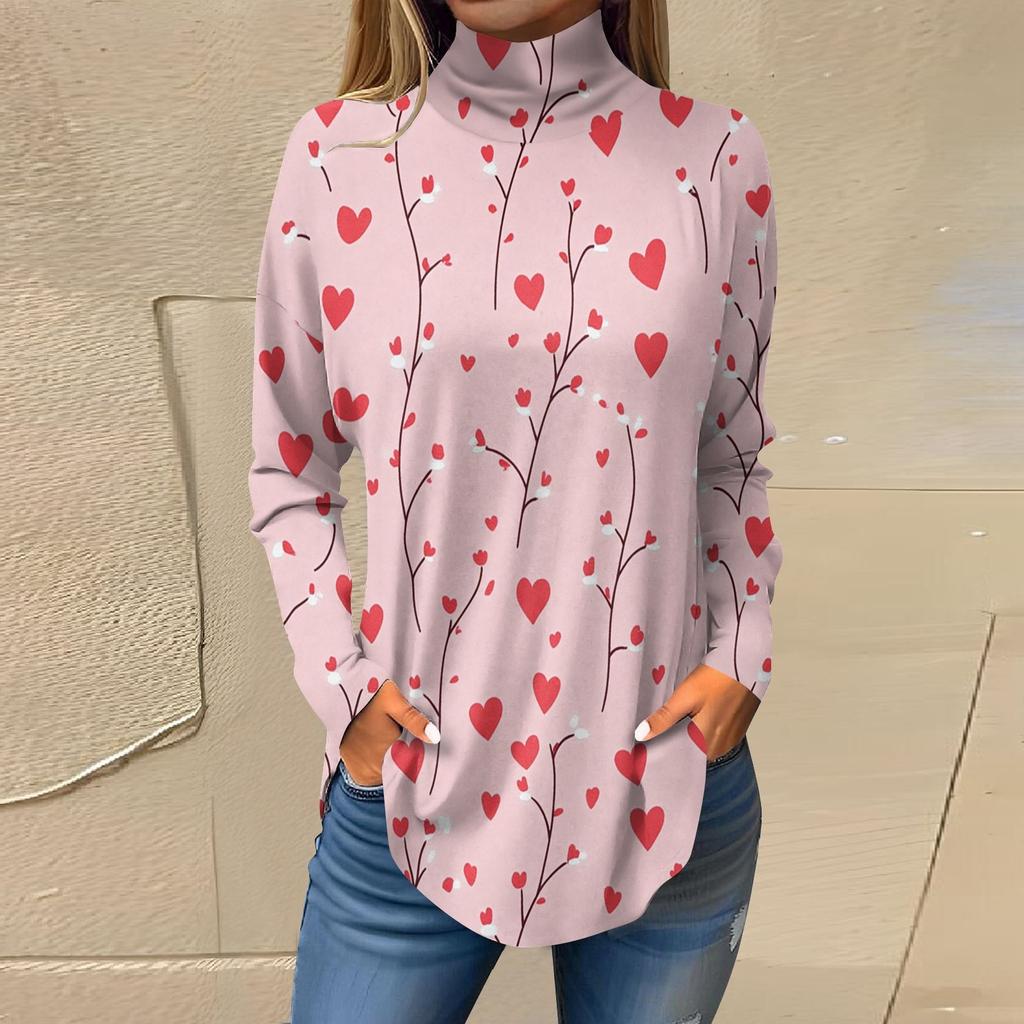 Футболки для женщин, осенние повседневные рубашки с длинным рукавом, толстовка с принтом, топ с высоким воротом, пуловер