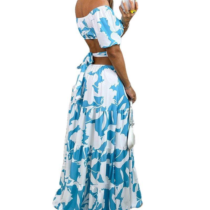 Women Sexy Off Shoulder Printed Lace Up Cutout High Waist Slim Fit Long Swing Dress
