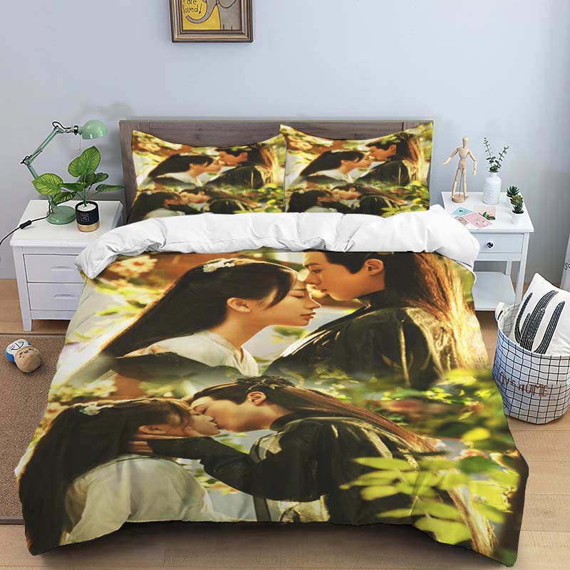Ancient Chinese fantasy couple print bedding set, three-piece set, duvet cover and pillowcase set, dormitory single and double b
