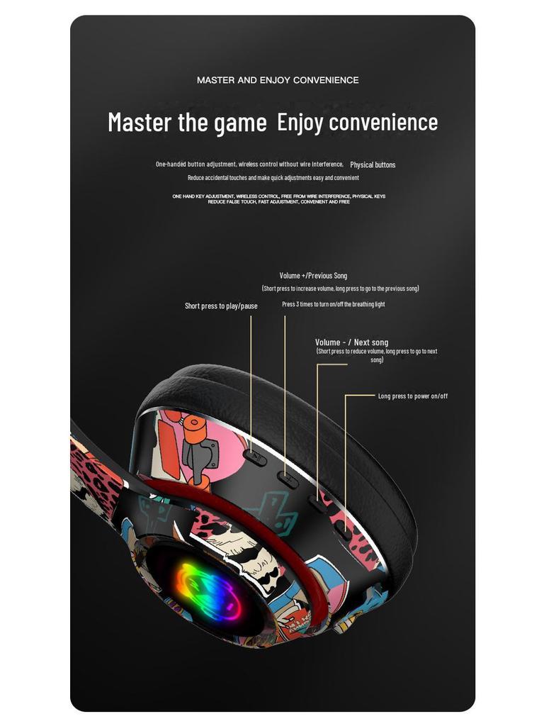 Модные наушники Graffiti Bluetooth: Беспроводные, шумоподавляющие, полноразмерные наушники для спорта и игр. Универсальная совместимость.