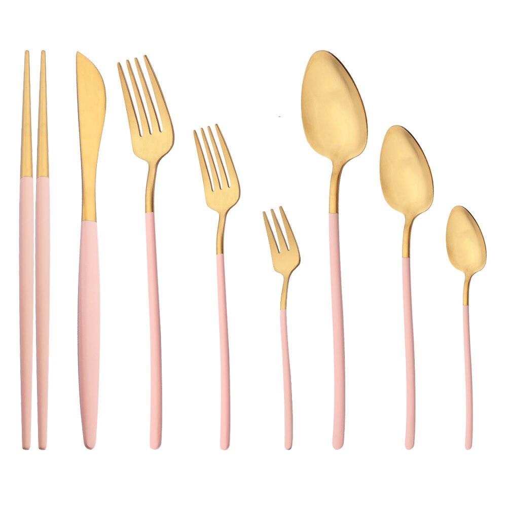Столовая посуда из розового золота 304, матовый набор столовых приборов из нержавеющей стали, обеденный нож, ложка, вилка, палочки для еды, десертная ложка, посуда, вилка для торта, столовые приборы