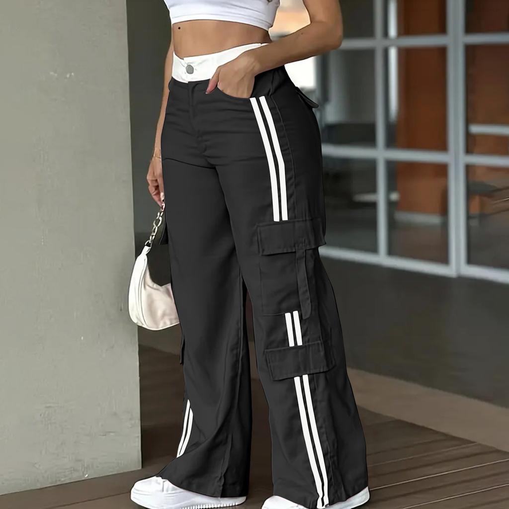 Ladies' Fashionable Side Striped Straight Leg Pants With Elastic Waist Pocket, Casual Sports Pants