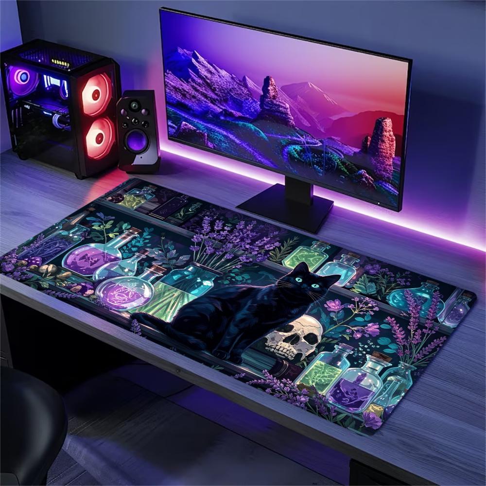 Gothic Black Cat Large Extended Gaming Mouse Pad Non Slip Desk Mat Purple Magical Forest Skull Art Keyboard Mouse Pad For Laptop