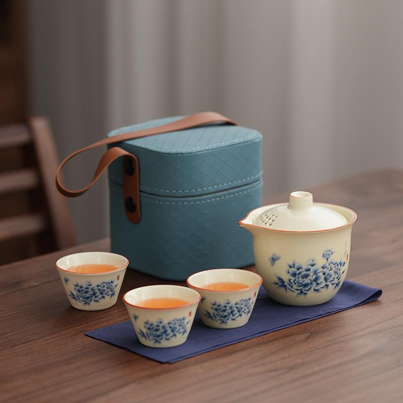 New Chinese Ru Kiln Travel Tea Set Qingyun Hand Grab Pot Ceramic Portable Outdoor Camping Tea Set
