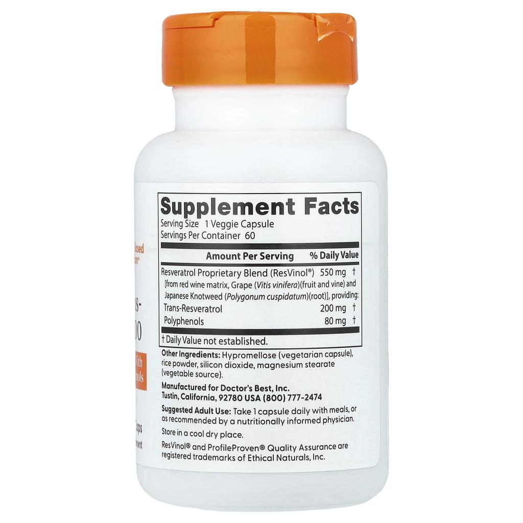 Doctor'S Best, Trans-Resveratrol 200 With Resvinol, 200Mg, 60 Veggie Caps