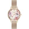 Женские часы Olivia Burton Signature с иллюстрированным цветочным узором, сетчатый ремешок, цвет розовое золото, 30 мм