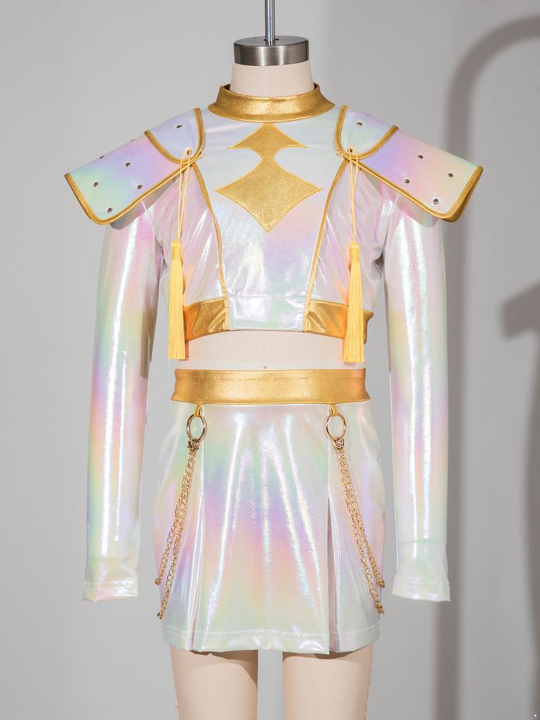 Детский Костюм Охотницы Косплей Хэллоуин Певица Демон Переливающийся Блестящий Кроп-Топ Отделка Пайетками Верхняя Одежда Поясная Цепочка Шорты