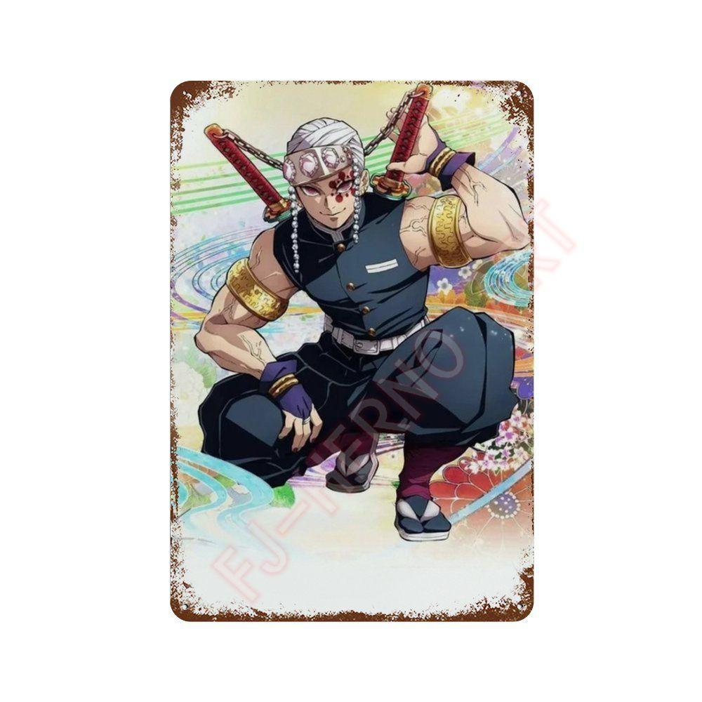 Classic Pop Anime Demon Slayer Kyojuro Rengoku Art Poster Metal Tin Sign Plaque Wall Plates for Living Room Modern Home Decor